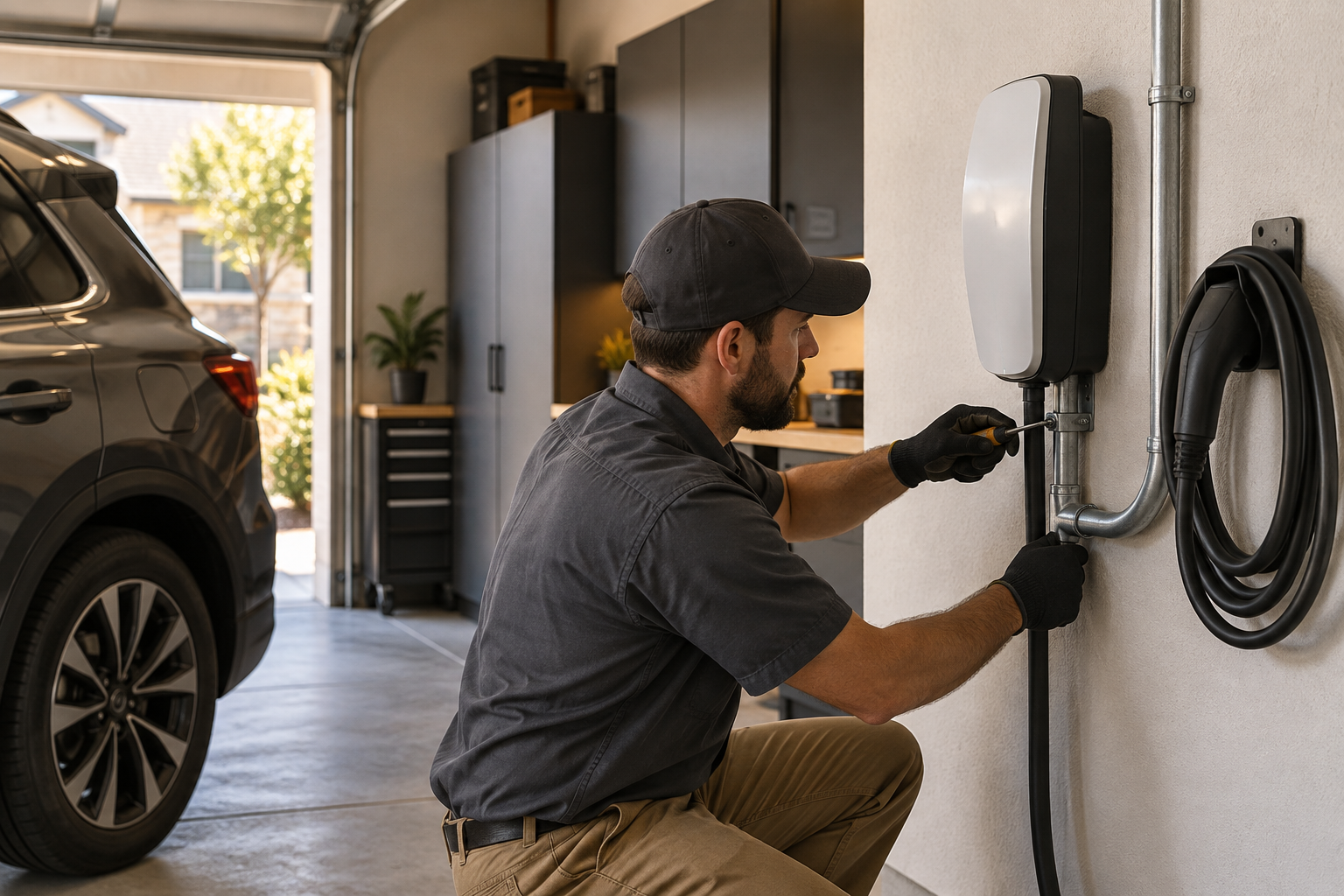 Professional installing a residential EV charger