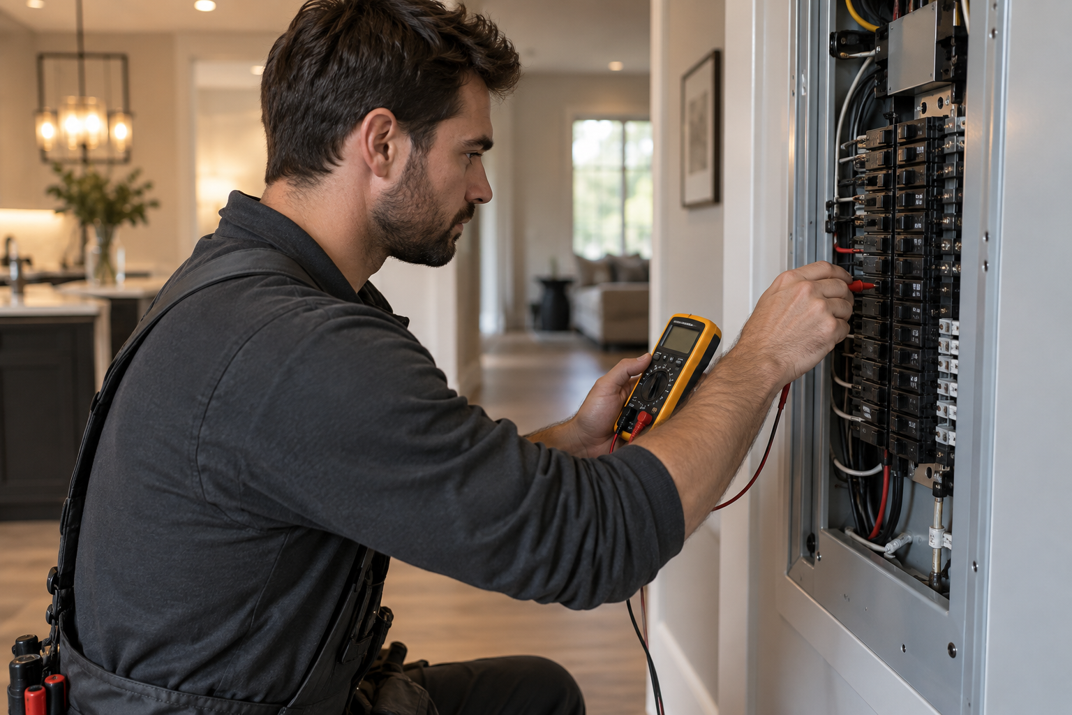 Electrician carefully testing a residential breaker panel